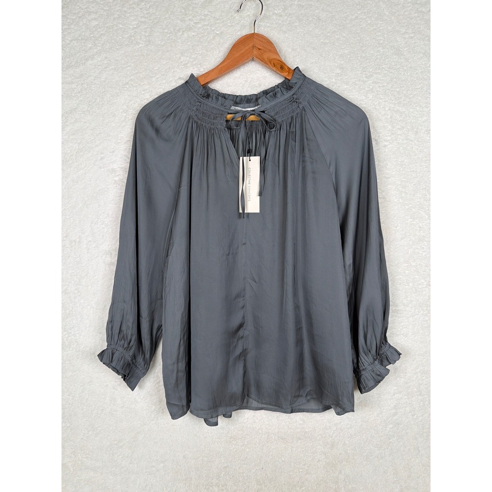 Collective Concepts Blouse Womens Medium Gray Smocked Ruffles Long Sleeve Top